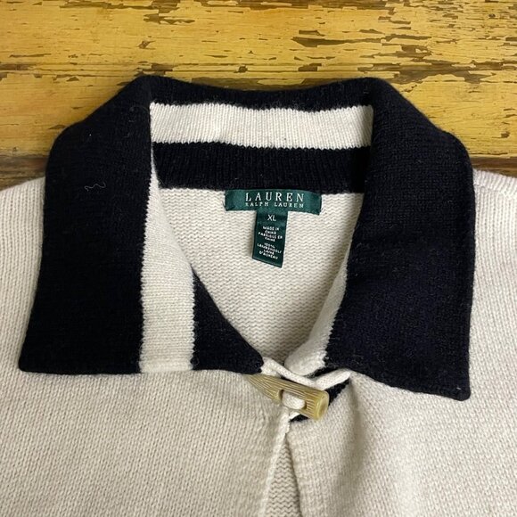 Lauren Ralph Lauren Lambswool Toggle Close Cardigan Sweater Cream Black Sz XL - Picture 3 of 8